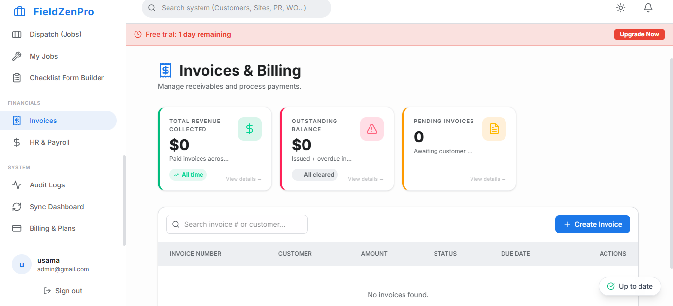 FieldZenPro Dashboard showing schedule and work orders