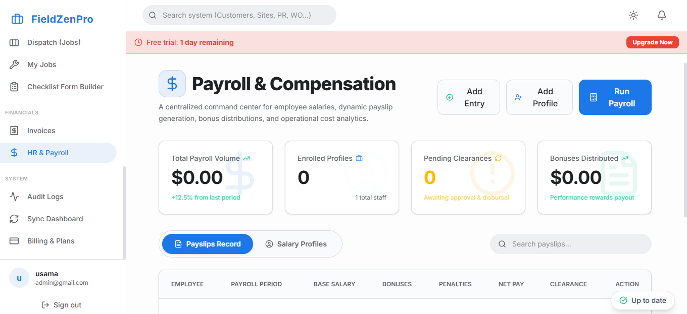 FieldZenPro Dashboard showing schedule and work orders