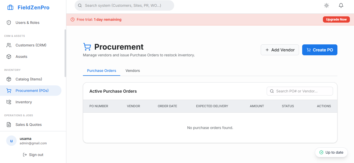 FieldZenPro Dashboard showing schedule and work orders