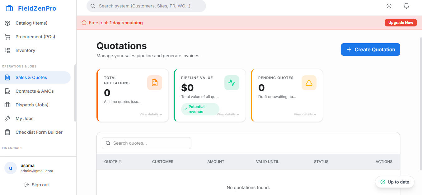 FieldZenPro Dashboard showing schedule and work orders