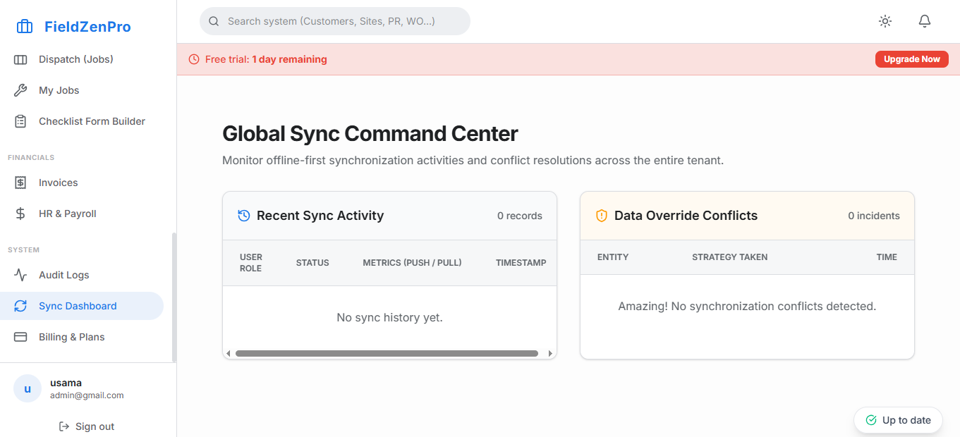 FieldZenPro Dashboard showing schedule and work orders